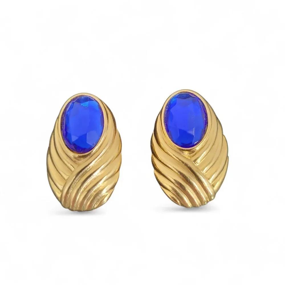 Elizabeth Arden Gold-Tone Clip On Earrings with Deep Blue Oval Glass Gemstones